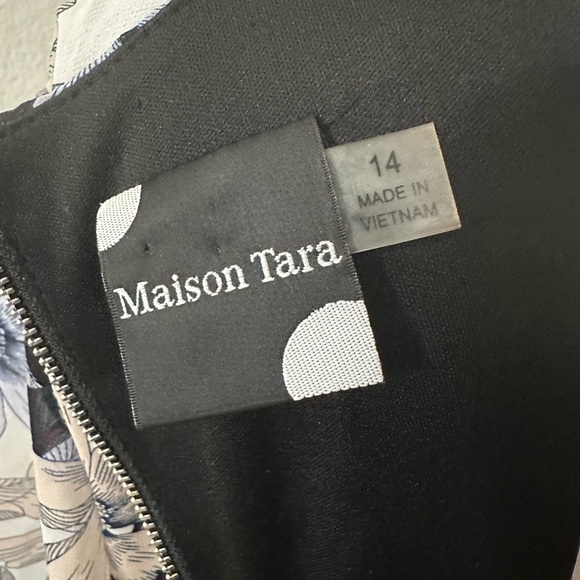 Maison Tara Blue Pink Black Tan Gray Floral Nouveau Chiffon Midi Dress Size 14 - Picture 10 of 12
